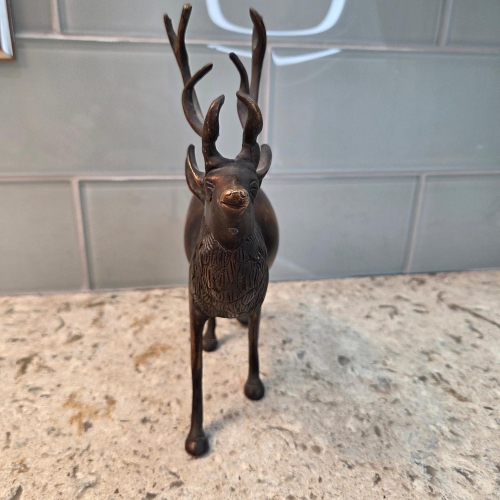Vintage Bronze Stag Figurine Standing Deer Antler Statue Made in India 8.5 Inch - Picture 7 of 12
